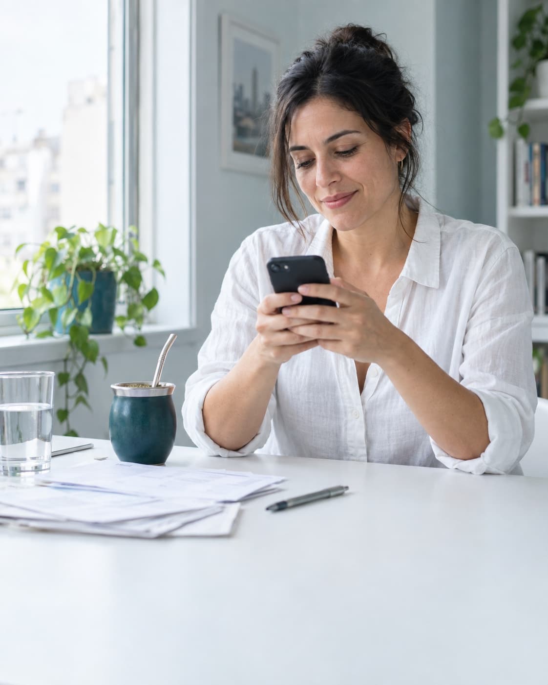 Una mujer escribe desde su teléfono en la mesa de su casa, con el mate al lado